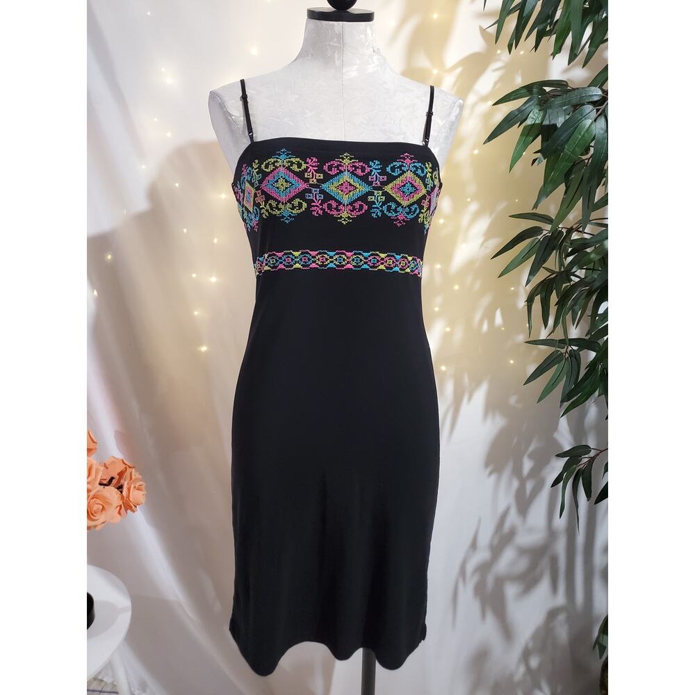 Vtg City Studio 90s Y2K Embroidered Neon Aztec Slinky Stretch Dress Size S Black